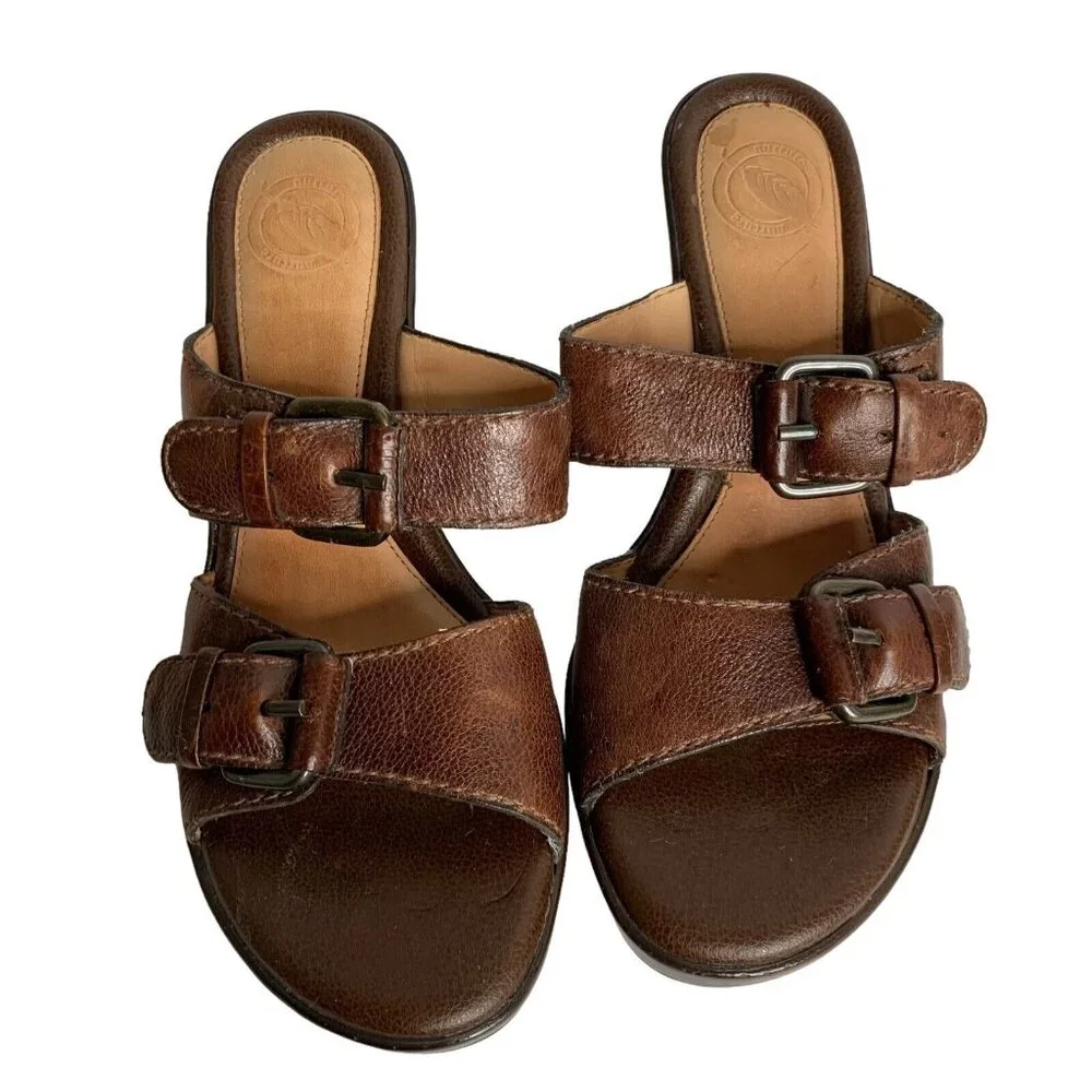 Nurture Piccolo Block Heel Sandals Size 7M Brown Leather Double Strap Slip On